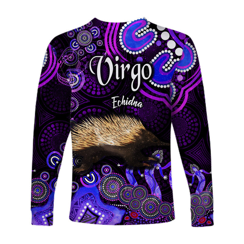australian-astrology-long-sleeve-shirt-virgo-echidna-zodiac-aboriginal-vibes-purple