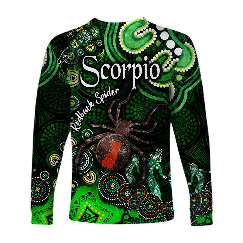 australian-astrology-long-sleeve-shirt-scorpio-redback-spider-zodiac-aboriginal-vibes-green