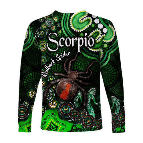 australian-astrology-long-sleeve-shirt-scorpio-redback-spider-zodiac-aboriginal-vibes-green