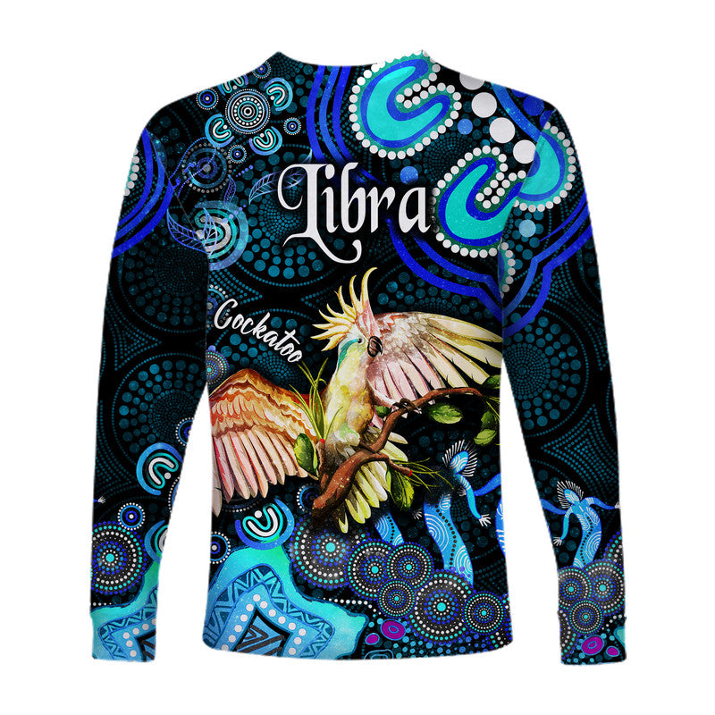 australian-astrology-long-sleeve-shirt-libra-cockatoo-glider-zodiac-aboriginal-vibes-blue