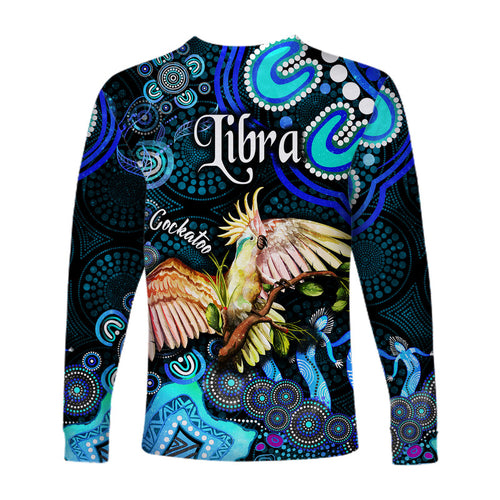 australian-astrology-long-sleeve-shirt-libra-cockatoo-glider-zodiac-aboriginal-vibes-blue