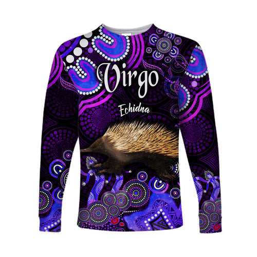 australian-astrology-long-sleeve-shirt-virgo-echidna-zodiac-aboriginal-vibes-purple