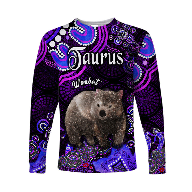 australian-astrology-long-sleeve-shirt-taurus-wombat-zodiac-aboriginal-vibes-purple
