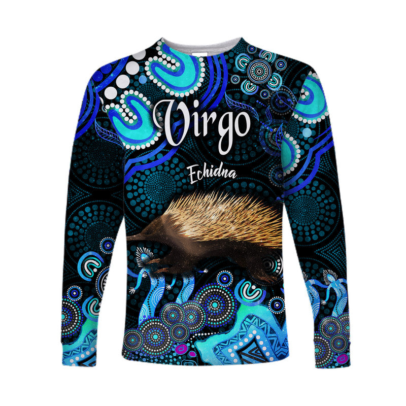 australian-astrology-long-sleeve-shirt-virgo-echidna-zodiac-aboriginal-vibes-blue