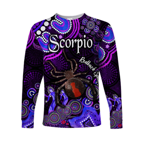 australian-astrology-long-sleeve-shirt-scorpio-redback-spider-zodiac-aboriginal-vibes-purple