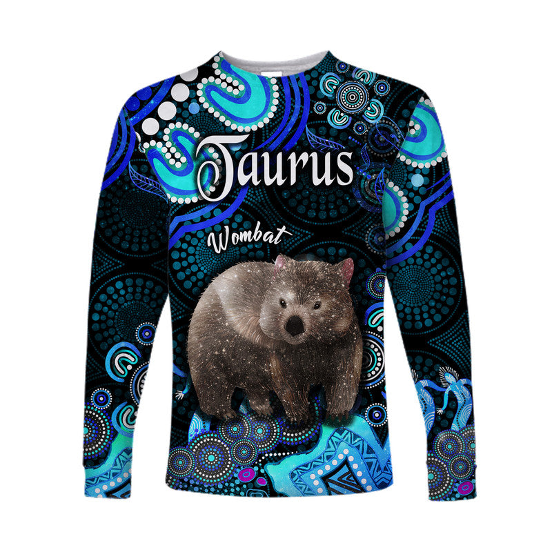 australian-astrology-long-sleeve-shirt-taurus-wombat-zodiac-aboriginal-vibes-blue