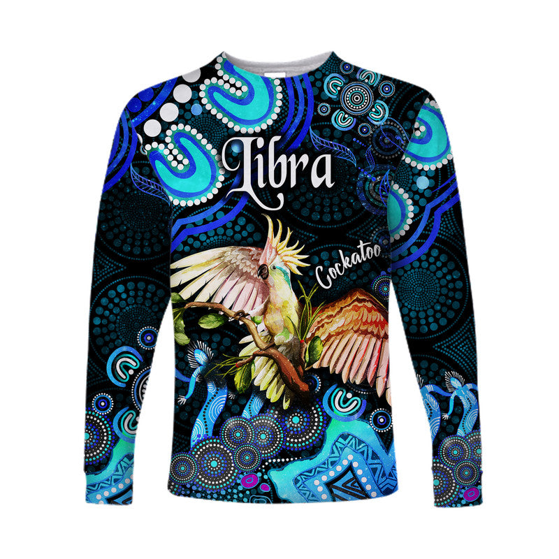 australian-astrology-long-sleeve-shirt-libra-cockatoo-glider-zodiac-aboriginal-vibes-blue