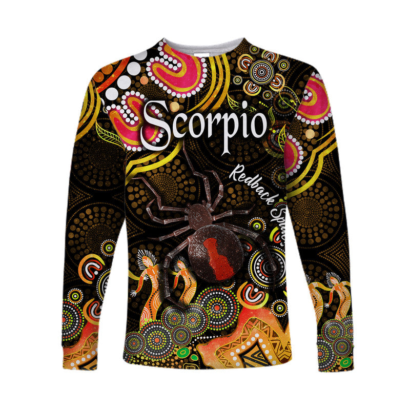 australian-astrology-long-sleeve-shirt-scorpio-redback-spider-zodiac-aboriginal-vibes-gold