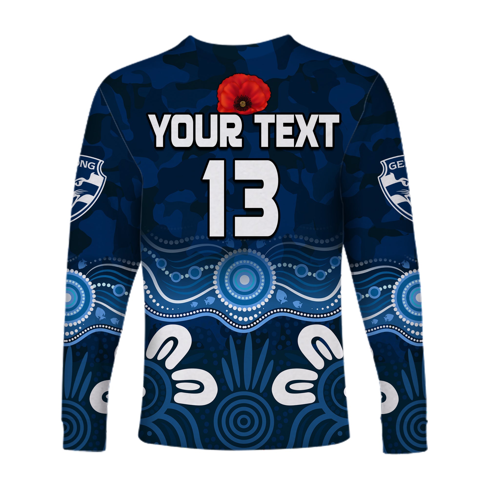 custom-text-and-number-cats-anzac-2022-long-sleeve-shirt-geelong-football-aboriginal-poppy