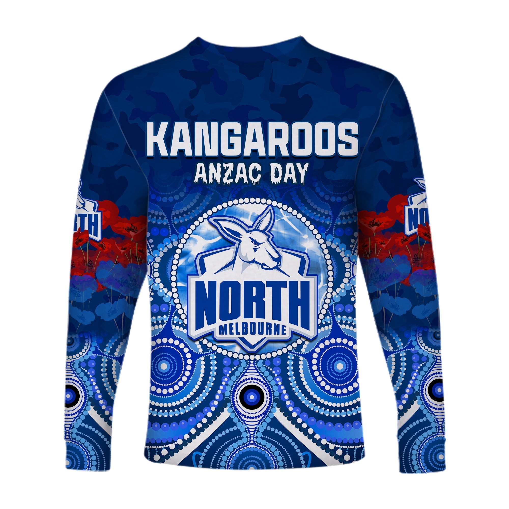 custom-personalised-kangaroos-anzac-2022-long-sleeve-shirt-north-melbourne-football-aboriginal-poppy-flowers