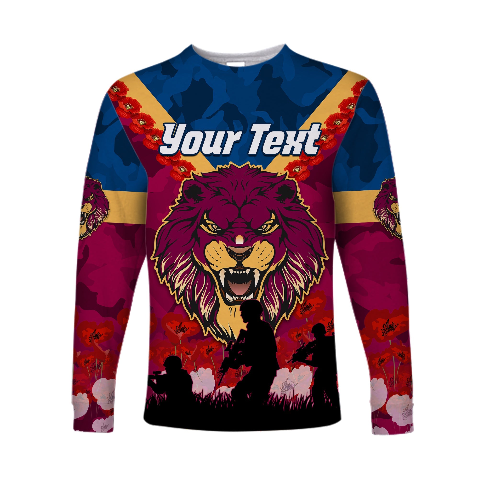 custom-personalised-lions-anzac-2022-long-sleeve-shirt-brisbane-brissie-poppy-flowers