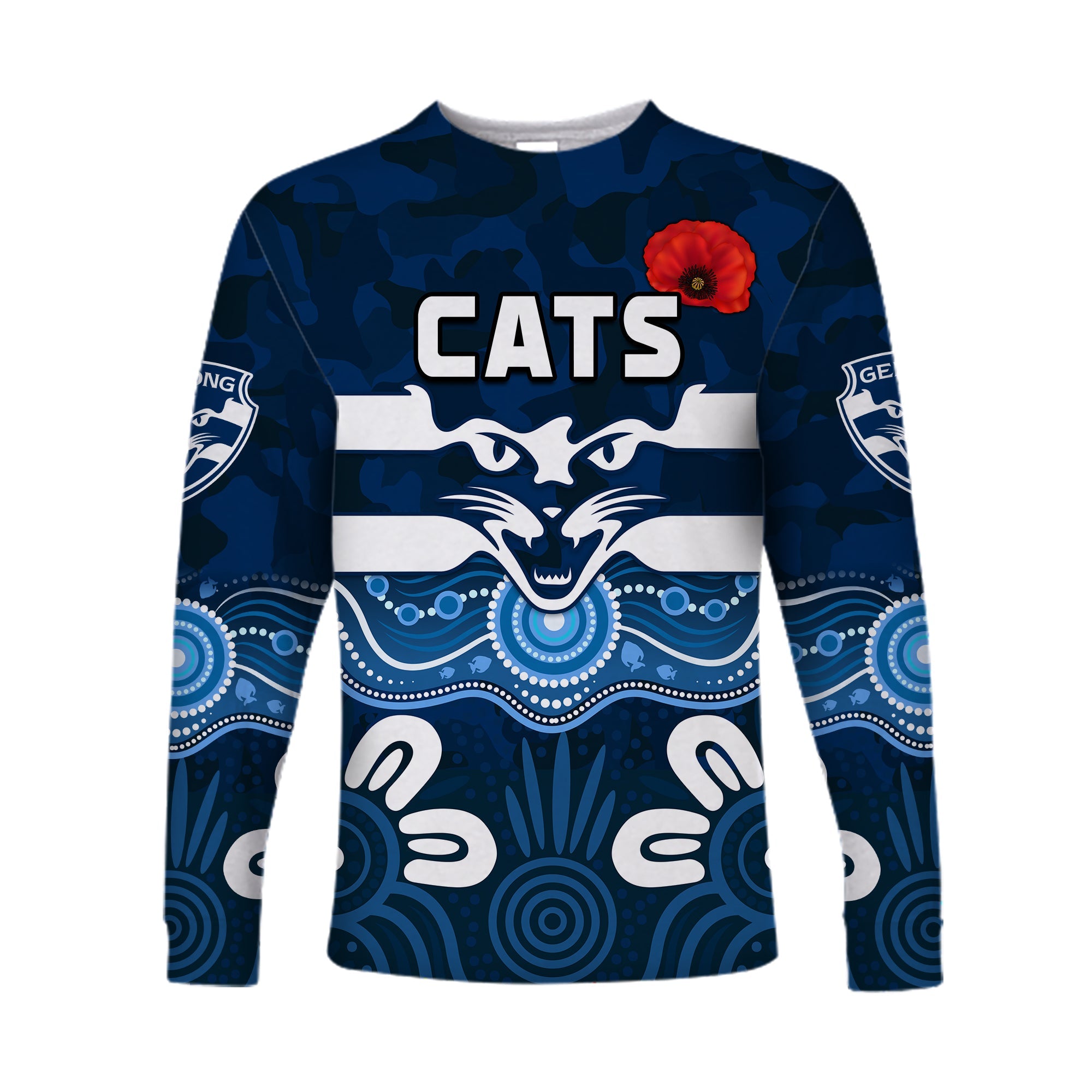 custom-text-and-number-cats-anzac-2022-long-sleeve-shirt-geelong-football-aboriginal-poppy