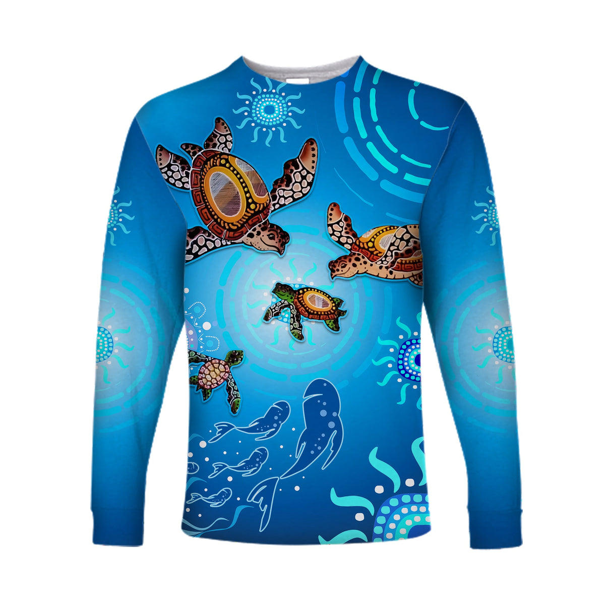 Australian Aboriginal Long Sleeve Shirt Happy Turtle Family Version Blue - Vibe Hoodie