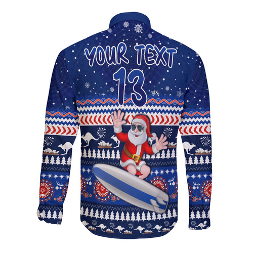 custom-text-and-number-australia-christmas-long-sleeve-button-shirt-aussie-aboriginal-santa-claus-is-surfing-with-kangaroo