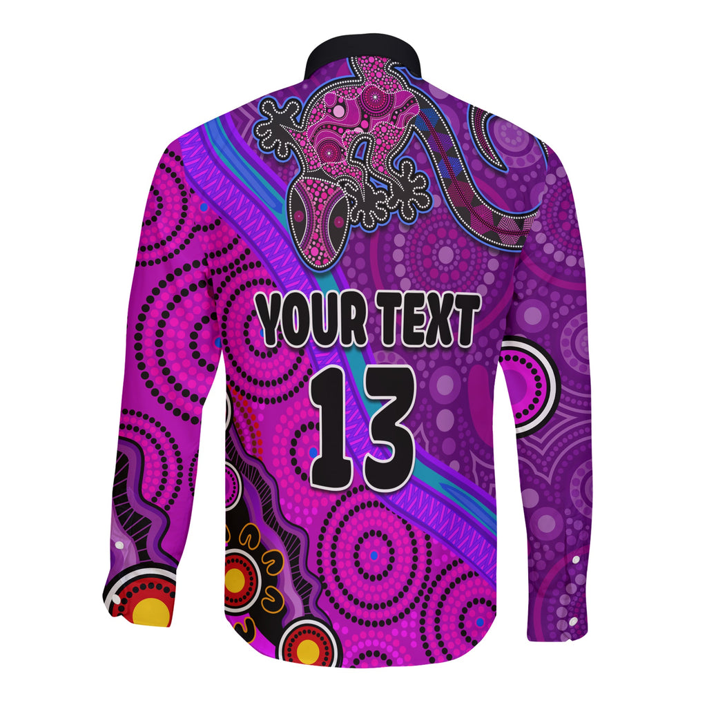 custom-text-and-number-australia-lizard-and-sun-long-sleeve-button-shirt-aboriginal-art-purple