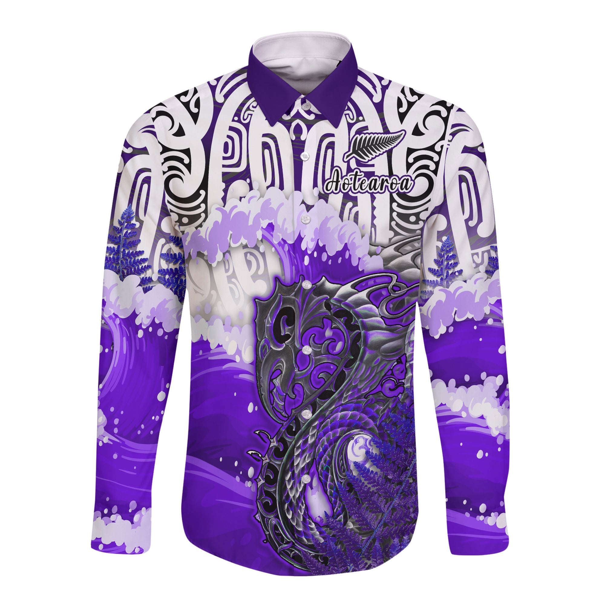custom-personalised-manaia-maori-long-sleeve-button-shirt-fern-aotearoa-purple-waves