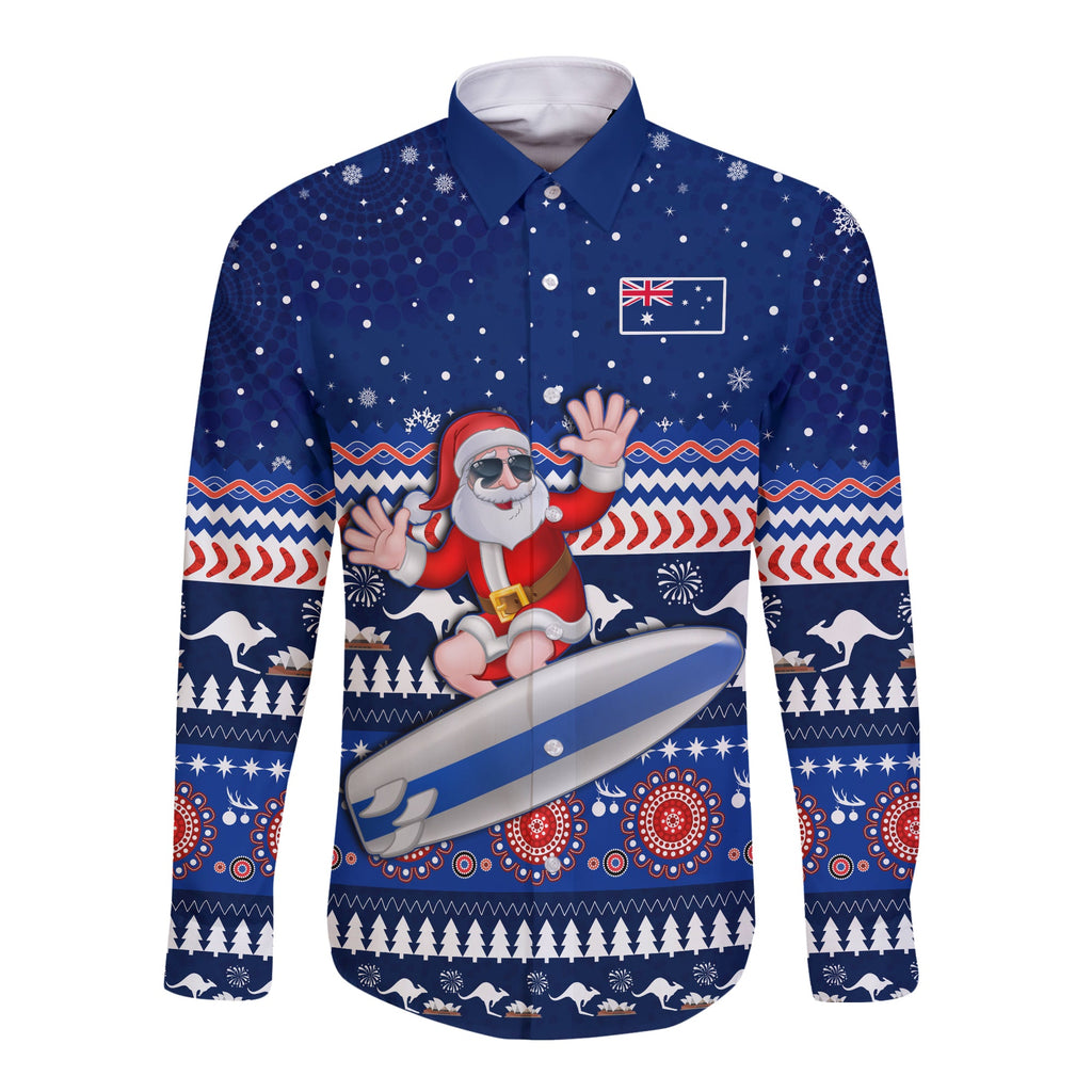 custom-text-and-number-australia-christmas-long-sleeve-button-shirt-aussie-aboriginal-santa-claus-is-surfing-with-kangaroo