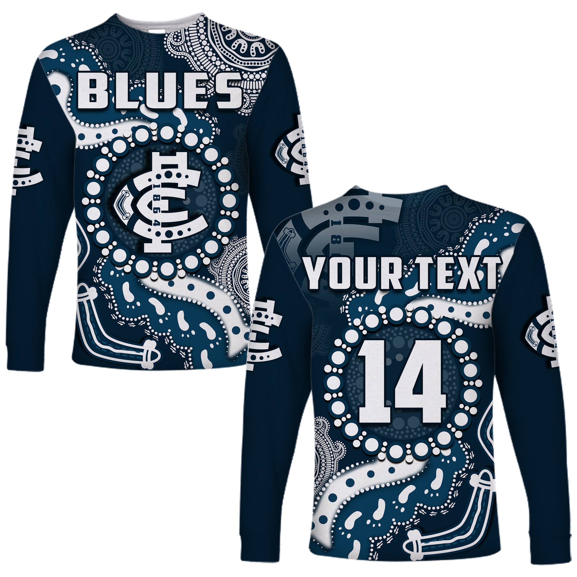 custom-text-and-number-carlton-football-long-sleeve-shirt-blues-1864-boomerang-indigenous-artsy