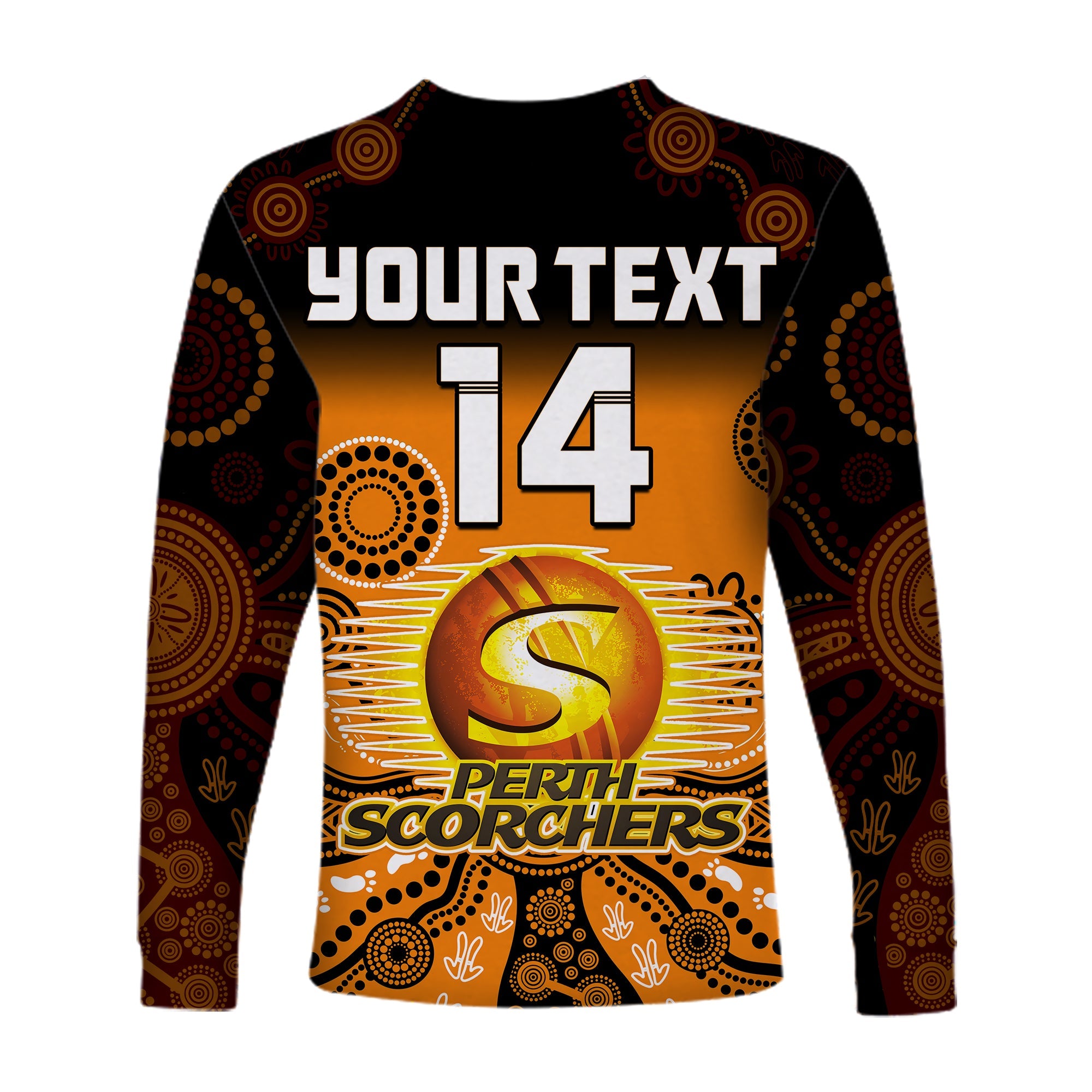 custom-text-and-number-perth-scorchers-long-sleeve-shirt-gradient-aboriginal-dot-painting