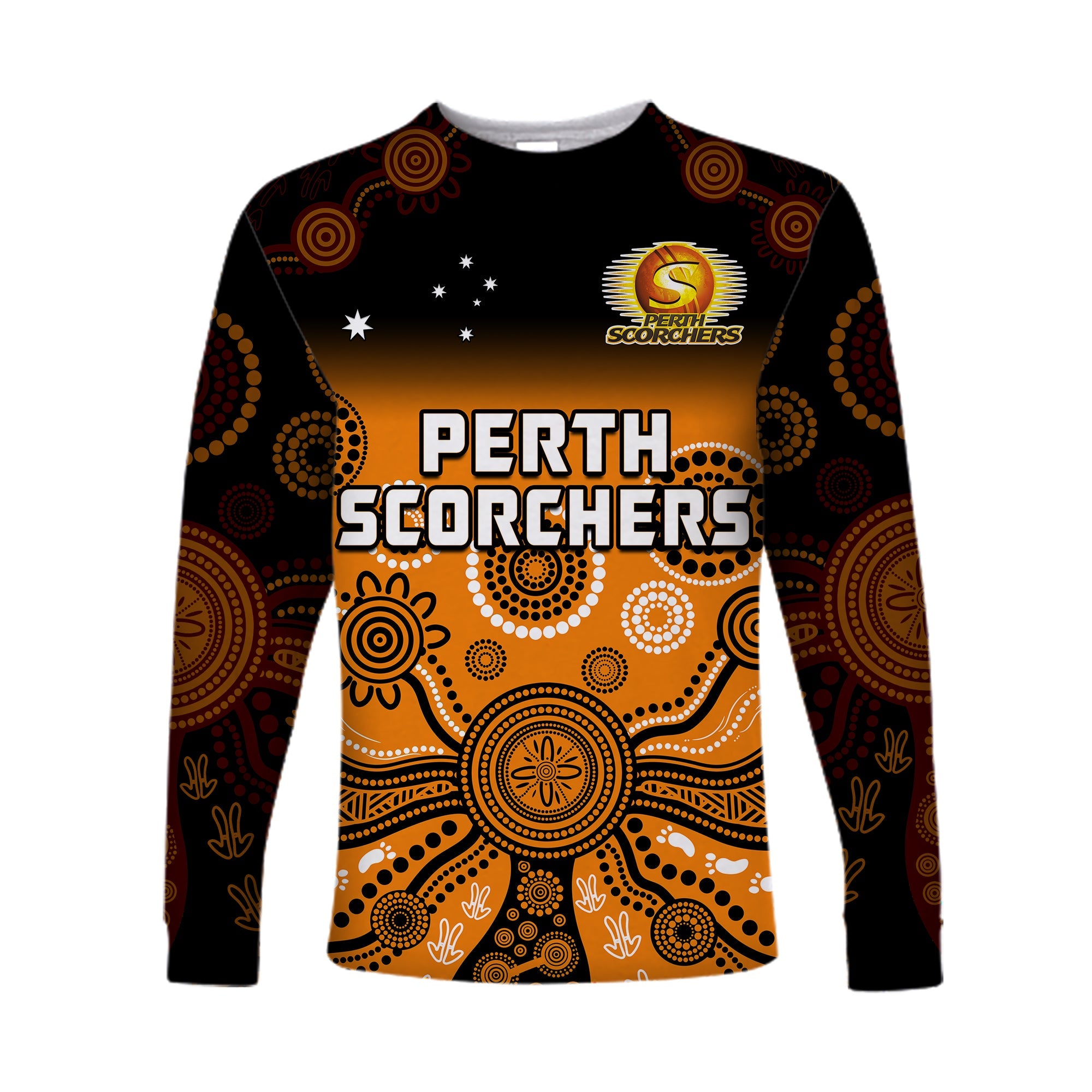 custom-text-and-number-perth-scorchers-long-sleeve-shirt-gradient-aboriginal-dot-painting