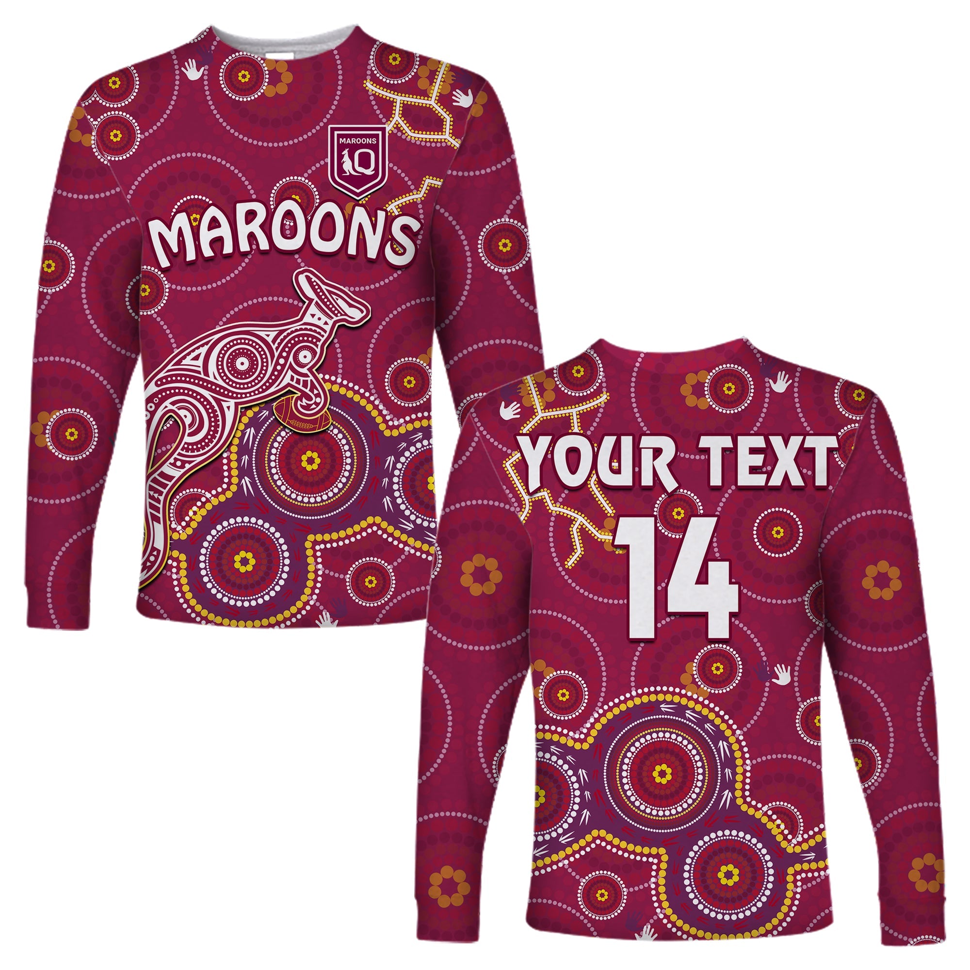 custom-text-and-number-maroons-rugby-long-sleeve-shirt-kangaroo-indigenous-pattern-unique-version