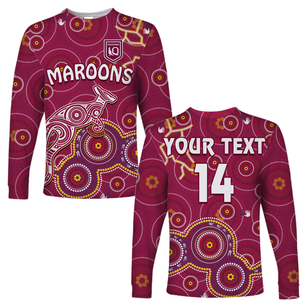 custom-text-and-number-maroons-rugby-long-sleeve-shirt-kangaroo-indigenous-pattern-unique-version