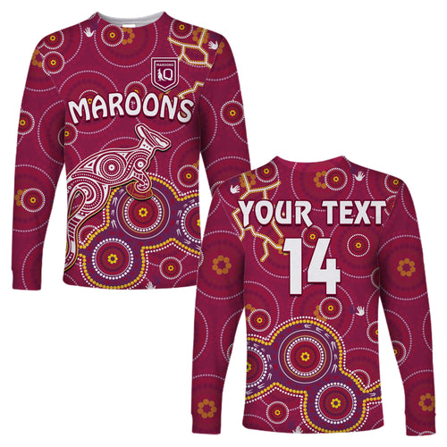 custom-text-and-number-maroons-rugby-long-sleeve-shirt-kangaroo-indigenous-pattern-unique-version