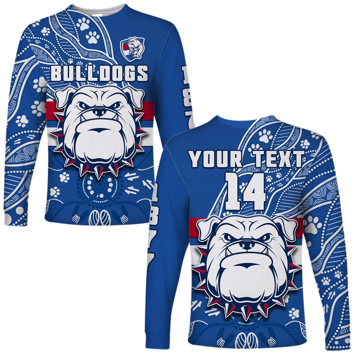 custom-text-and-number-bulldogs-football-long-sleeve-shirt-scraggers-1877-aboriginal-dot-painting-newest-version