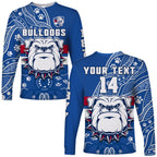 custom-text-and-number-bulldogs-football-long-sleeve-shirt-scraggers-1877-aboriginal-dot-painting-newest-version