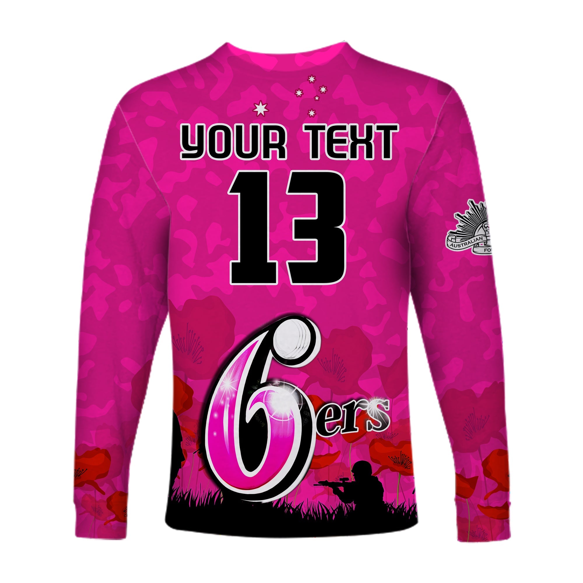 custom-text-and-number-sydney-sixers-cricket-long-sleeve-shirt-anzac-day-camouflage-poppy-lest-we-forget