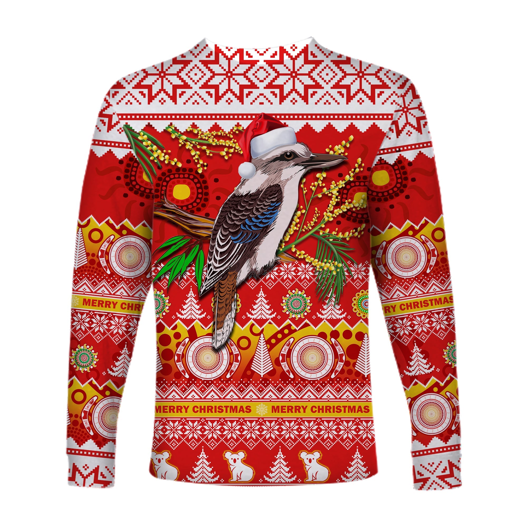 australia-long-sleeve-shirt-kookaburra-mix-golden-wattle-aboriginal-art-merry-christmas