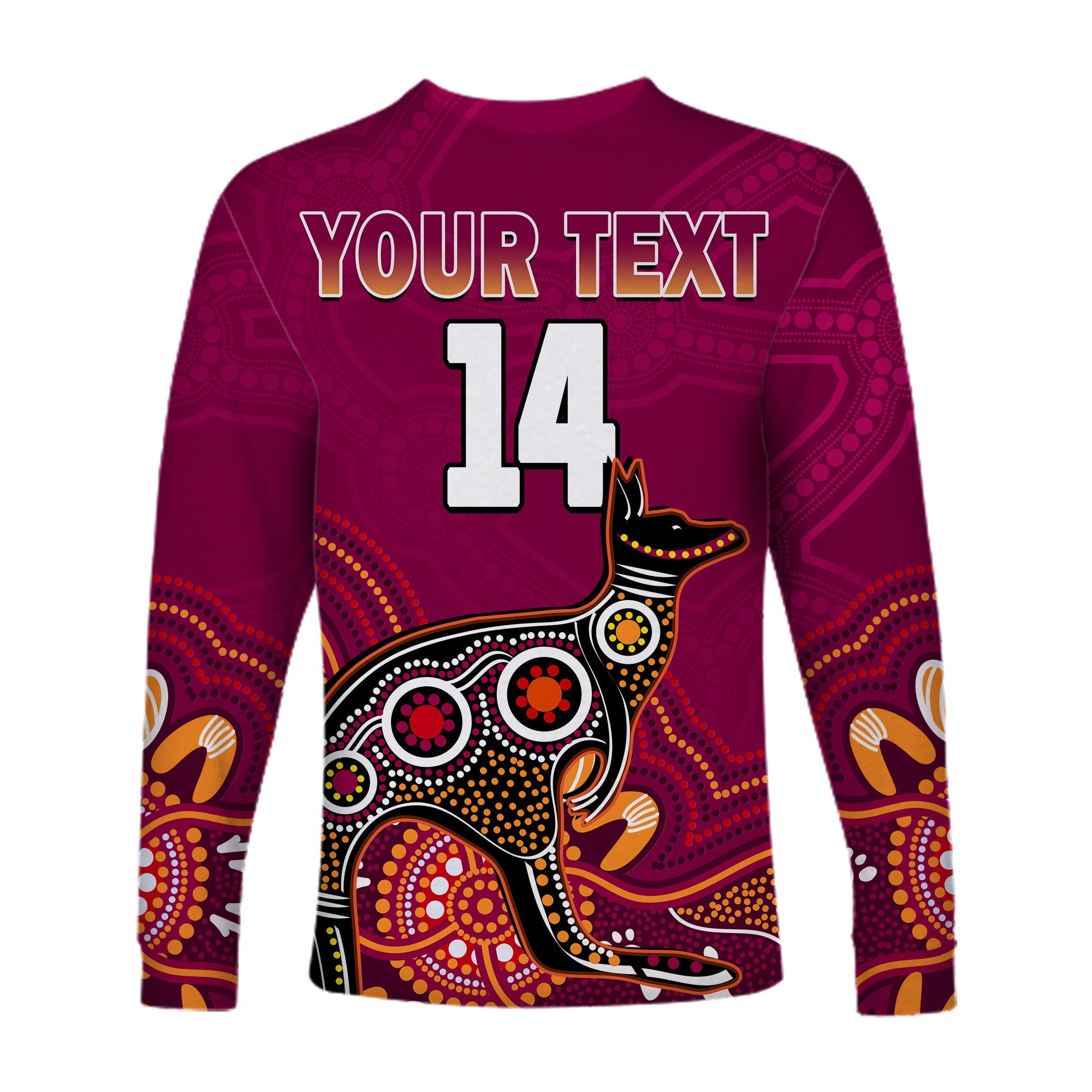 custom-text-and-number-maroons-rugby-long-sleeve-shirt-queensland-kangaroo-aboriginal-dot-paintings