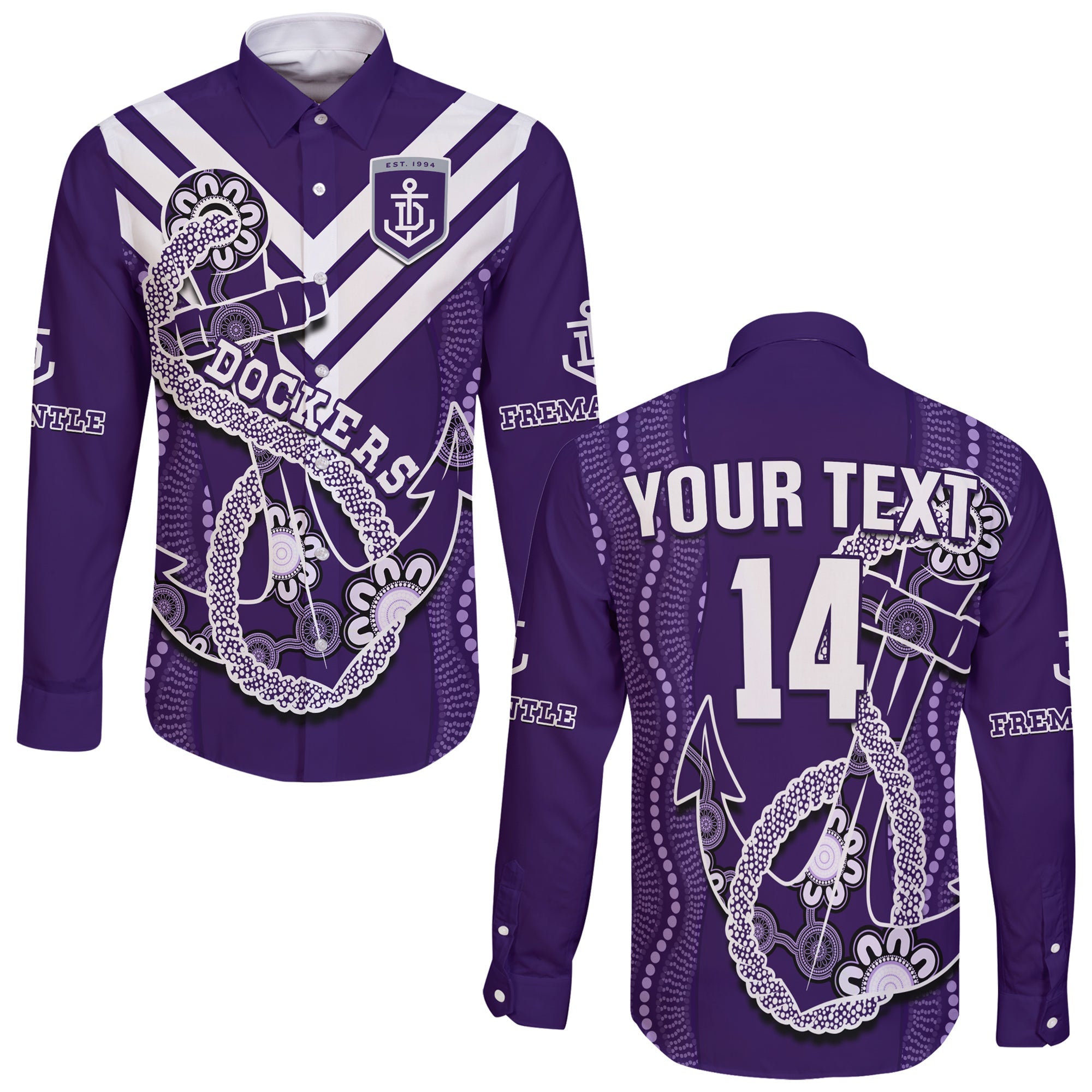 custom-text-and-number-dockers-football-long-sleeve-button-shirt-fremantle-anchor-mix-aboriginal-pattern-dynamic-style