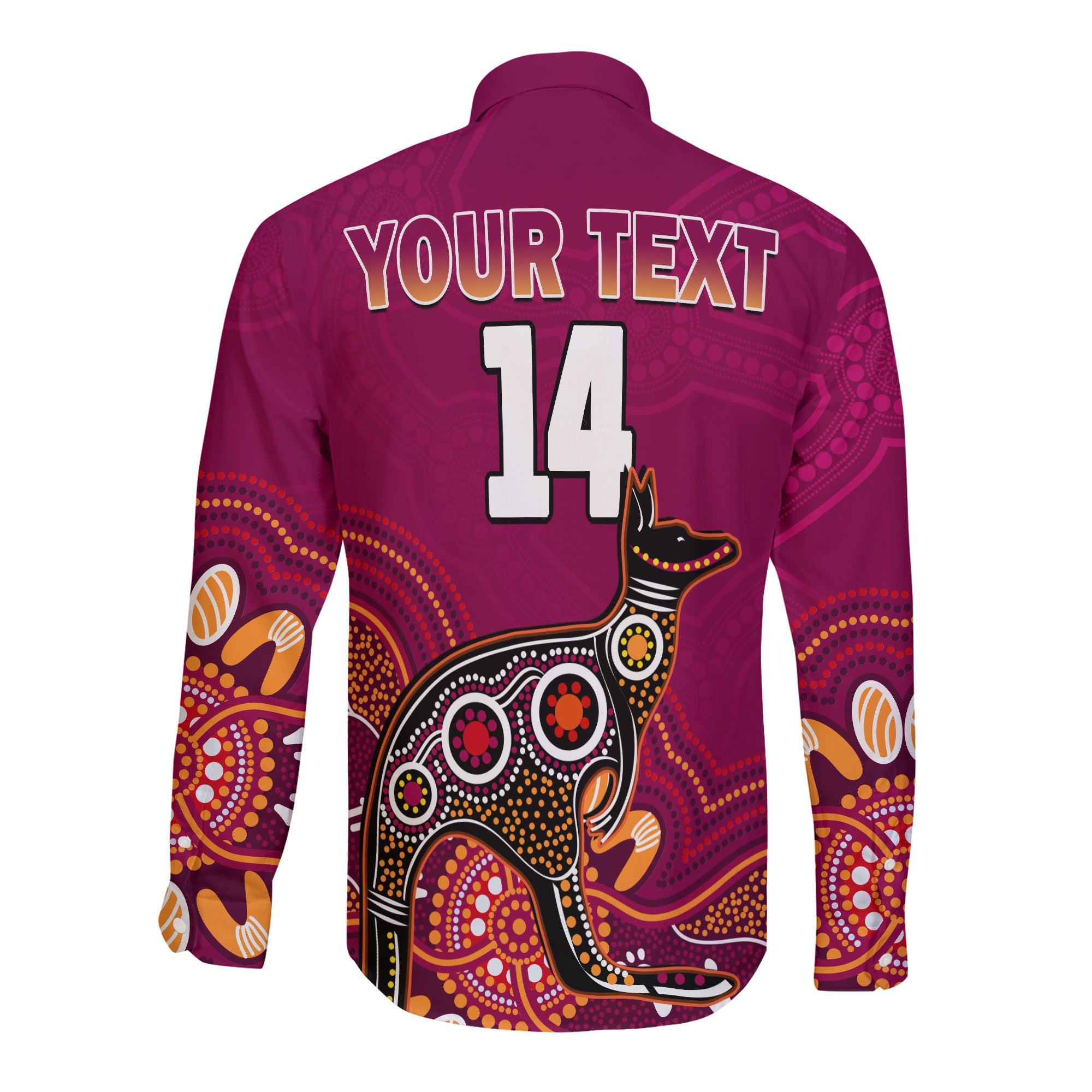 custom-text-and-number-maroons-rugby-long-sleeve-button-shirt-queensland-kangaroo-aboriginal-dot-paintings