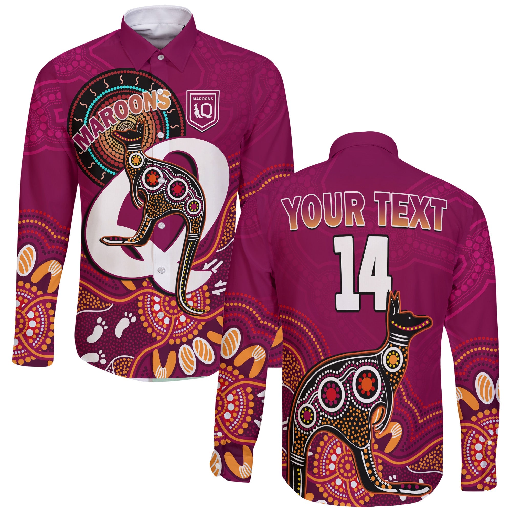 custom-text-and-number-maroons-rugby-long-sleeve-button-shirt-queensland-kangaroo-aboriginal-dot-paintings