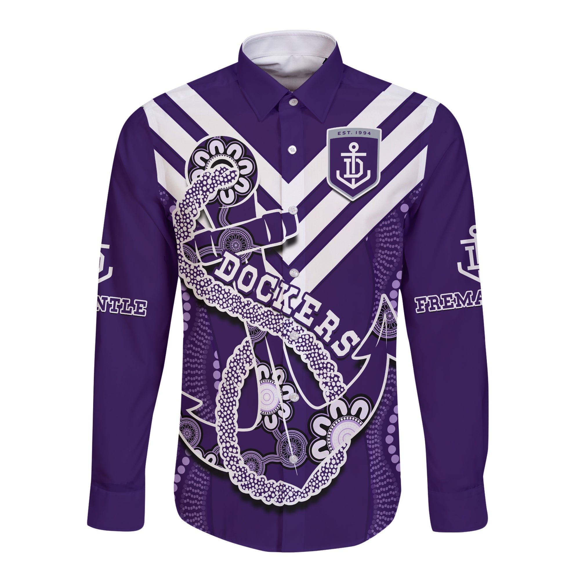 custom-text-and-number-dockers-football-long-sleeve-button-shirt-fremantle-anchor-mix-aboriginal-pattern-dynamic-style