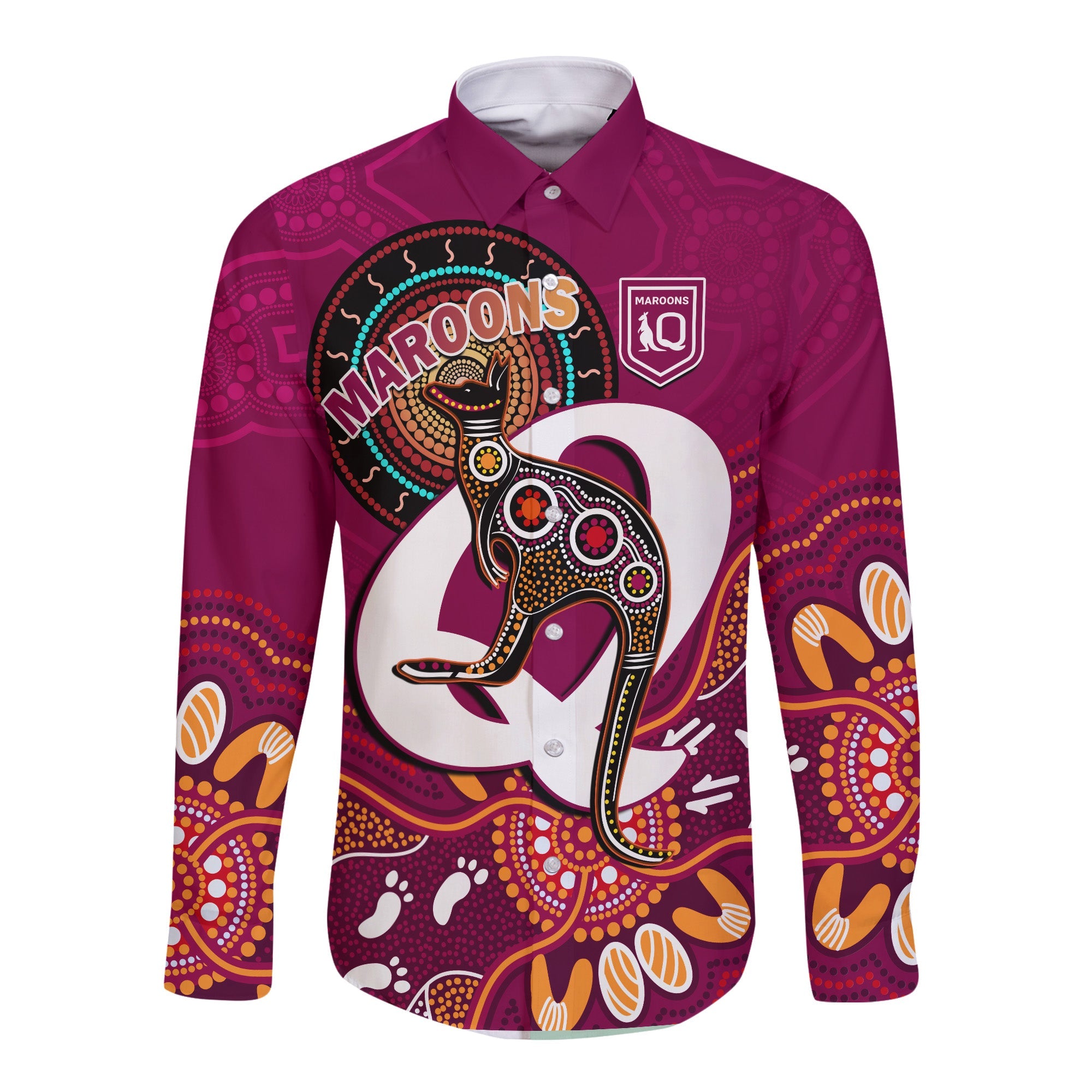 custom-text-and-number-maroons-rugby-long-sleeve-button-shirt-queensland-kangaroo-aboriginal-dot-paintings