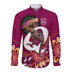 custom-text-and-number-maroons-rugby-long-sleeve-button-shirt-queensland-kangaroo-aboriginal-dot-paintings