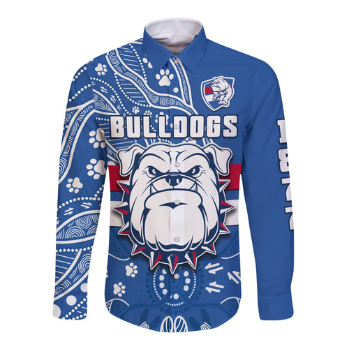 custom-text-and-number-bulldogs-football-long-sleeve-button-shirt-scraggers-1877-aboriginal-dot-painting-newest-version