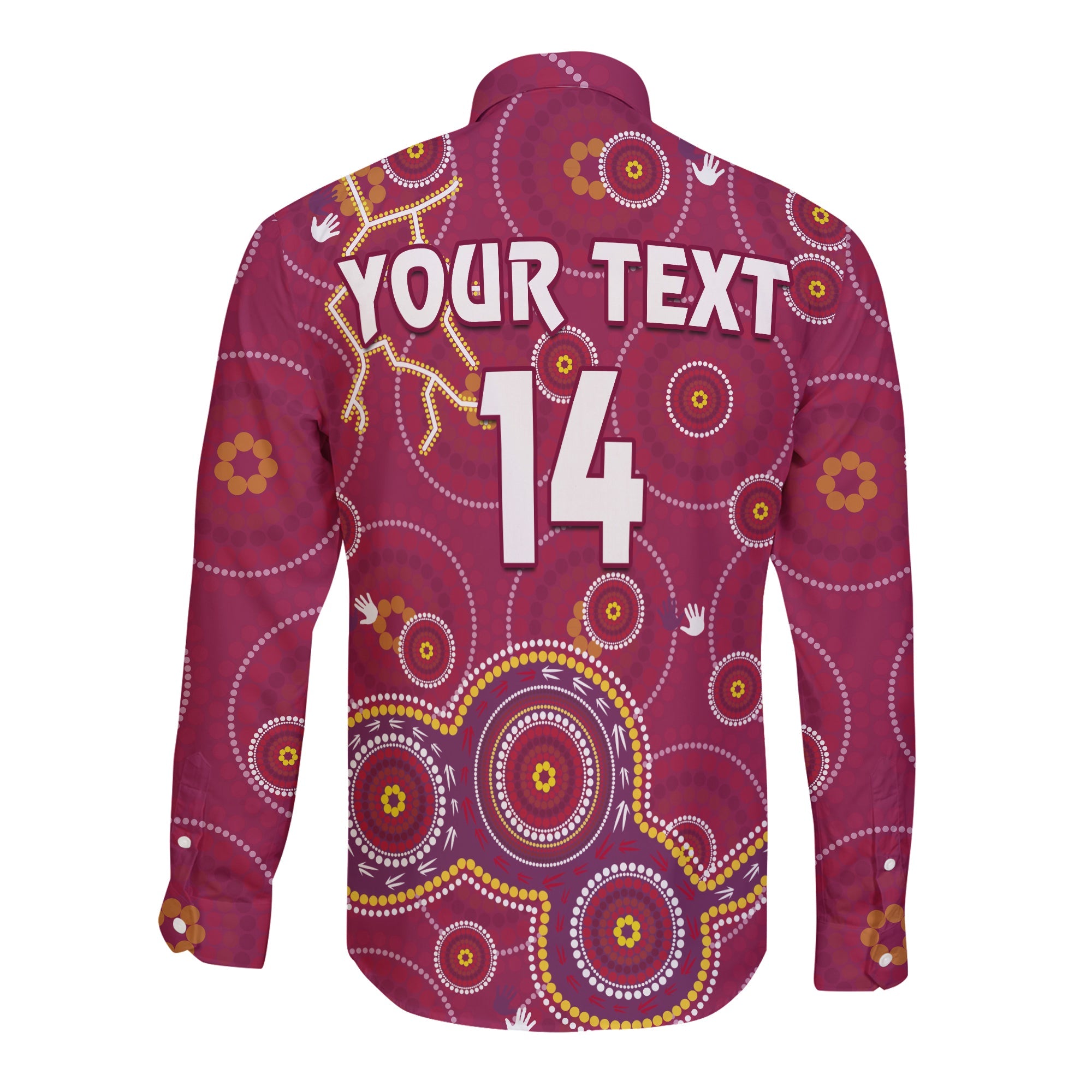 custom-text-and-number-maroons-rugby-long-sleeve-button-shirt-kangaroo-indigenous-pattern-unique-version