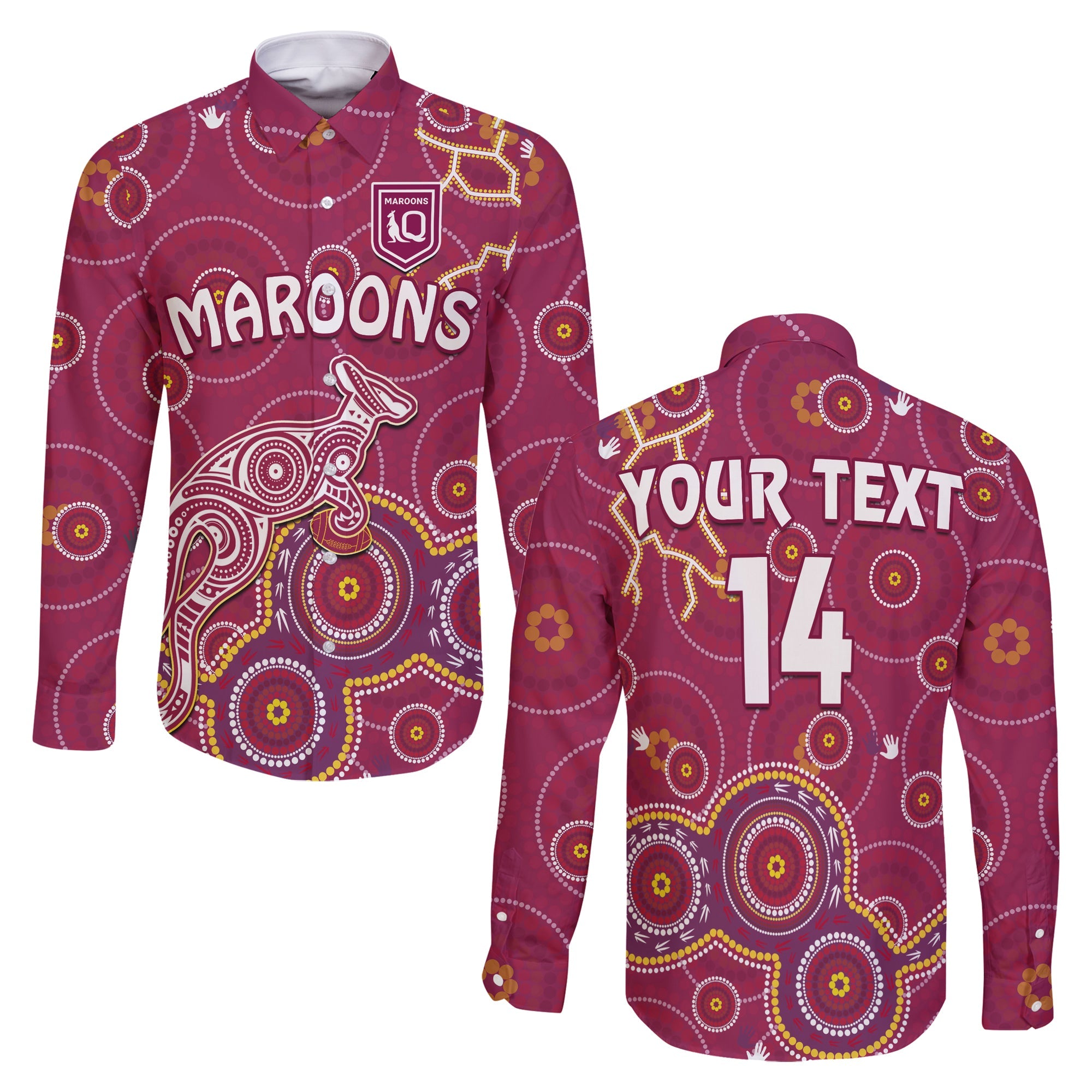 custom-text-and-number-maroons-rugby-long-sleeve-button-shirt-kangaroo-indigenous-pattern-unique-version