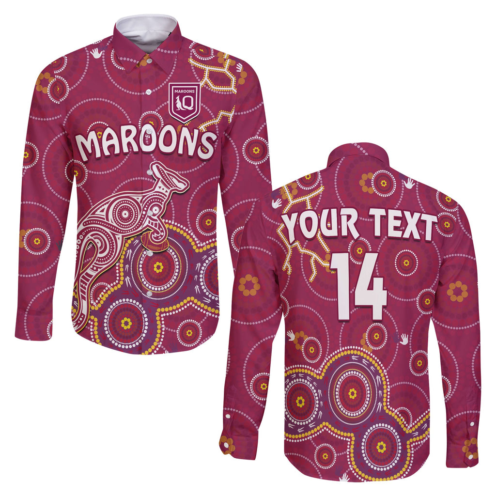custom-text-and-number-maroons-rugby-long-sleeve-button-shirt-kangaroo-indigenous-pattern-unique-version