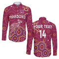 custom-text-and-number-maroons-rugby-long-sleeve-button-shirt-kangaroo-indigenous-pattern-unique-version