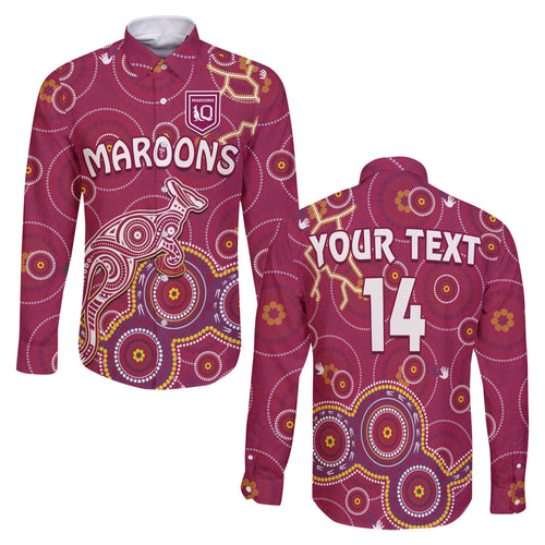 custom-text-and-number-maroons-rugby-long-sleeve-button-shirt-kangaroo-indigenous-pattern-unique-version