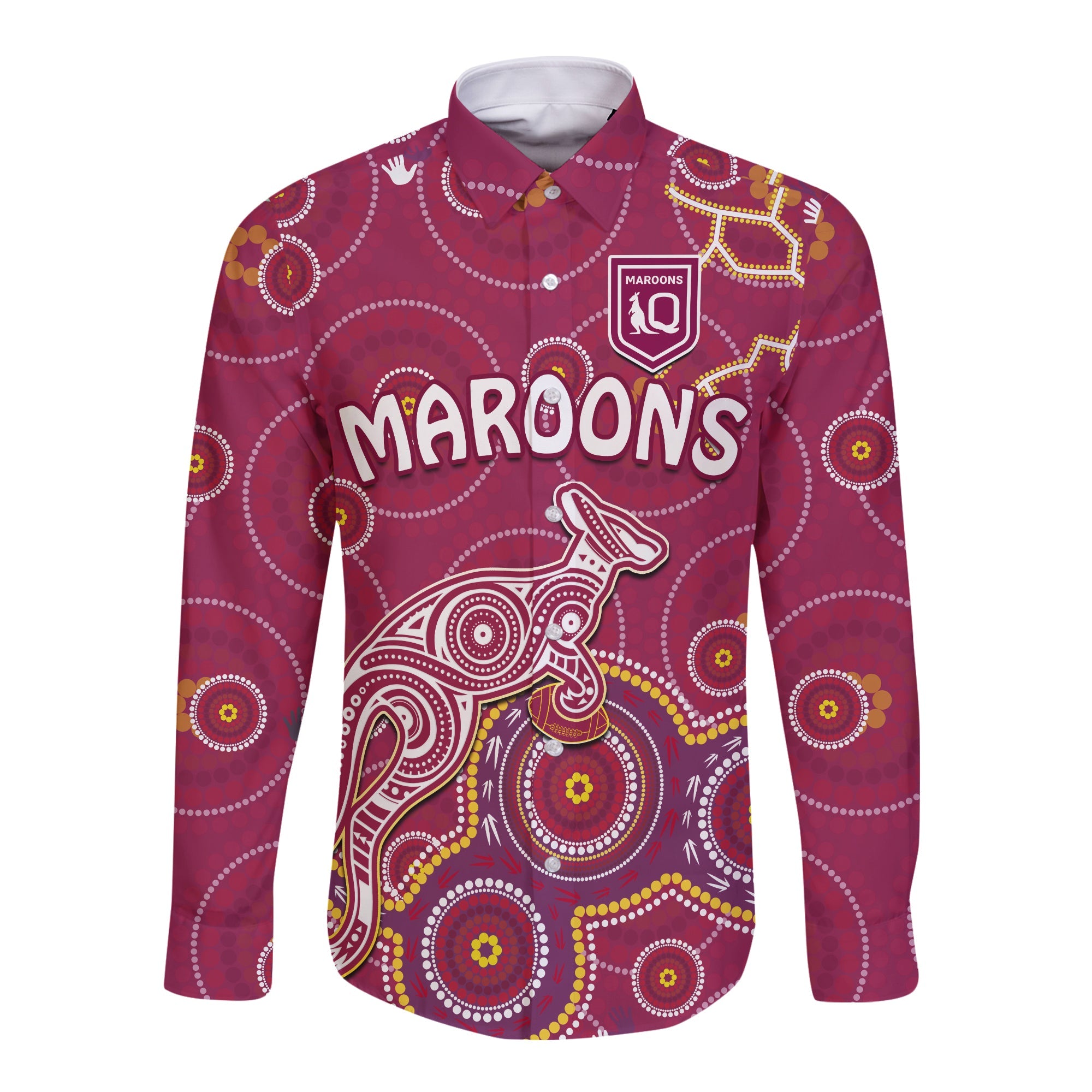 custom-text-and-number-maroons-rugby-long-sleeve-button-shirt-kangaroo-indigenous-pattern-unique-version