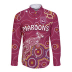 custom-text-and-number-maroons-rugby-long-sleeve-button-shirt-kangaroo-indigenous-pattern-unique-version