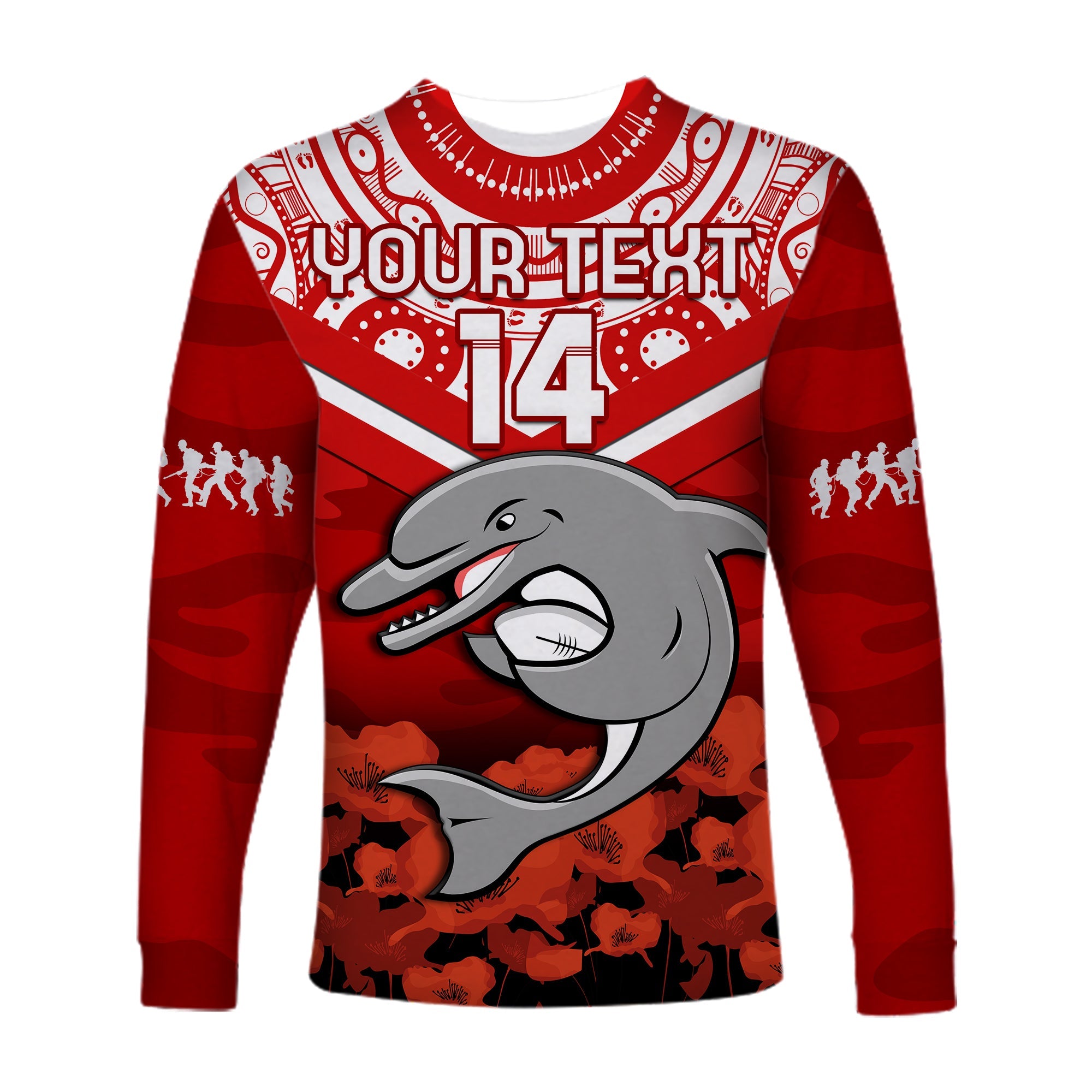 custom-text-and-number-dolphins-rugby-anzac-2023-long-sleeve-shirt-dots-poppy-mix-camouflage-lest-we-forget