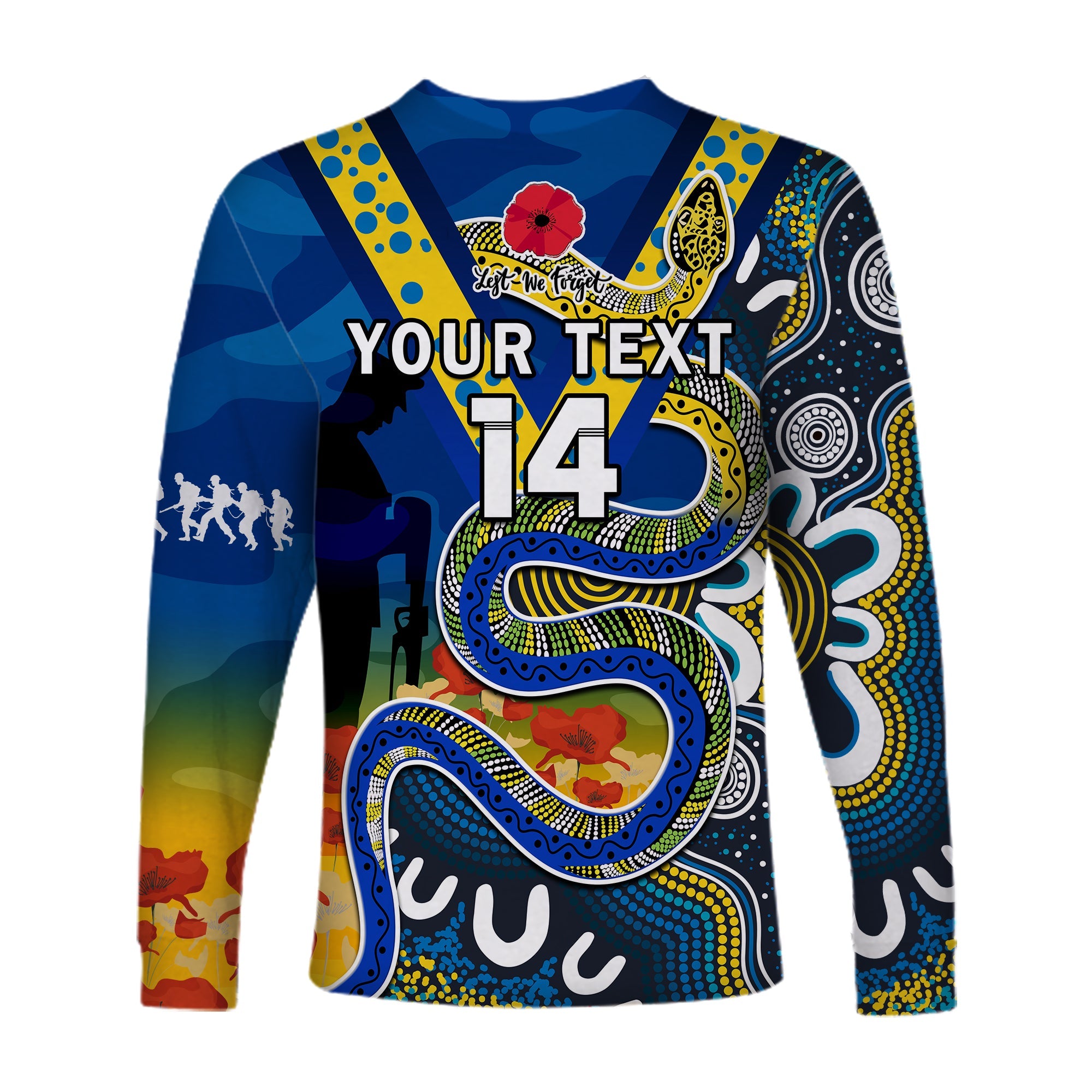 custom-text-and-number-eels-rugby-anzac-2023-long-sleeve-shirt-aboriginal-mix-poppy-lest-we-forget