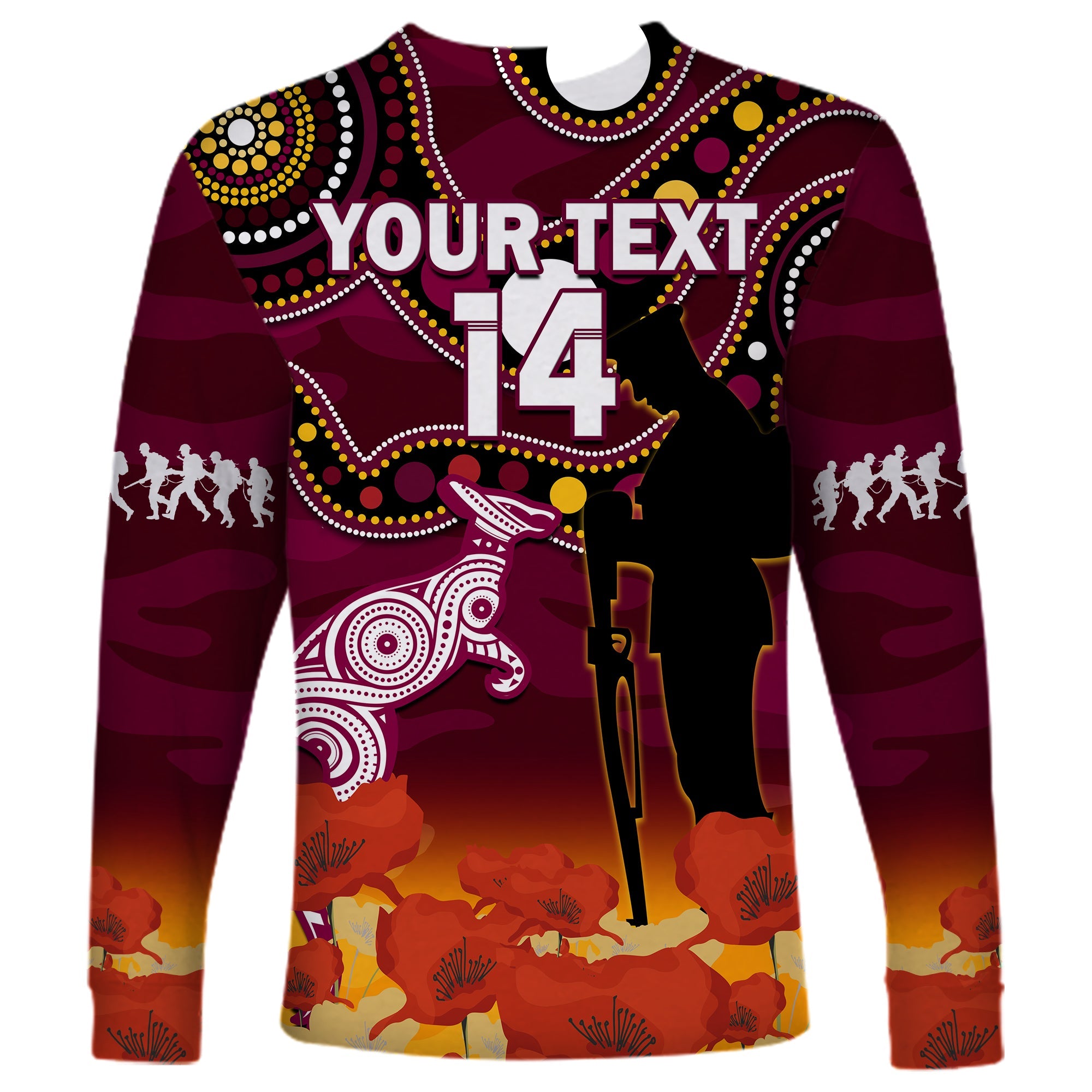 custom-text-and-number-maroons-rugby-anzac-2023-long-sleeve-shirt-qld-aboriginal-mix-poppy-camouflage