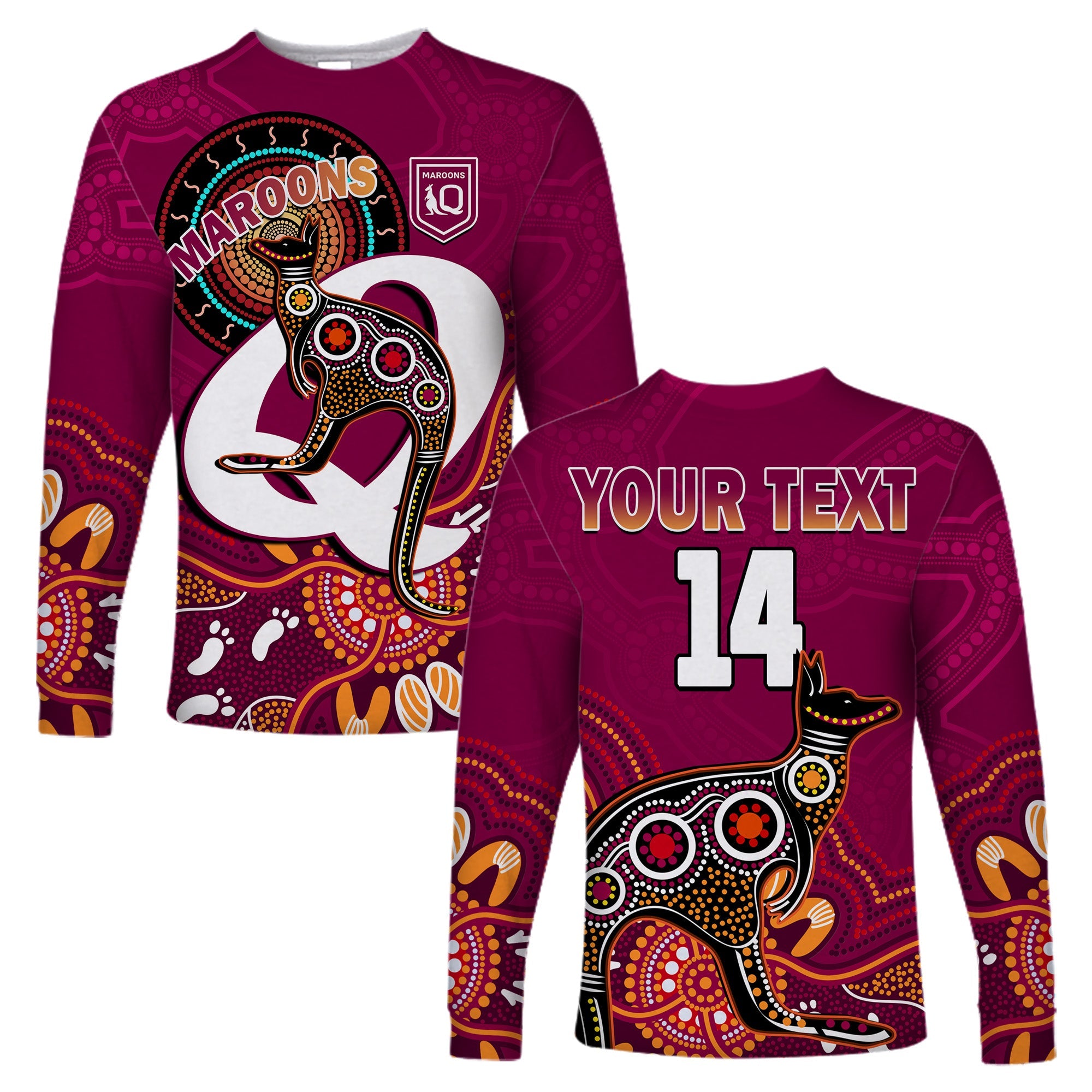 custom-text-and-number-maroons-rugby-long-sleeve-shirt-queensland-kangaroo-aboriginal-dot-paintings